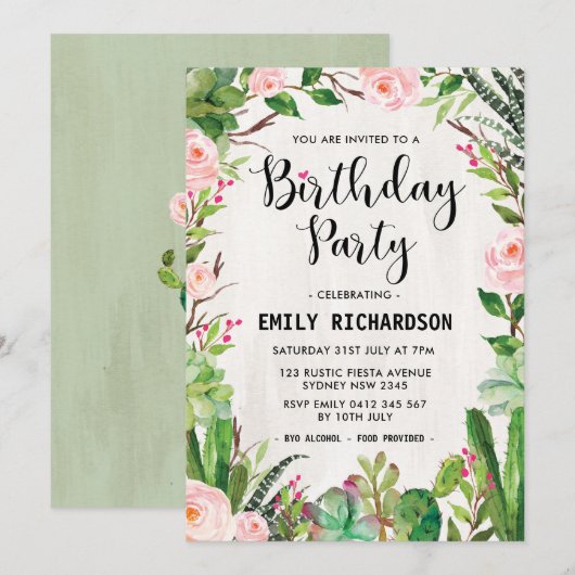 Fiesta Succulent Floral Birthday Party Invite Kaart (Voorkant / Achterkant)