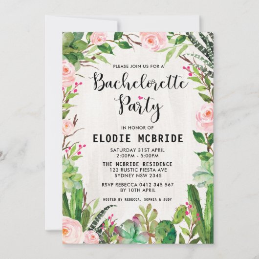 Fiesta Succulent Roze Bloemen Bachelorette Uitnodi Kaart (Voorkant)
