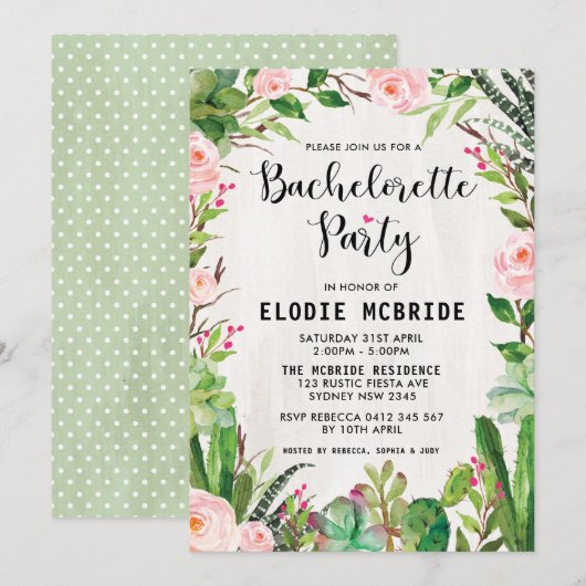 Fiesta Succulent Roze Bloemen Bachelorette Uitnodi Kaart (Voorkant / Achterkant)