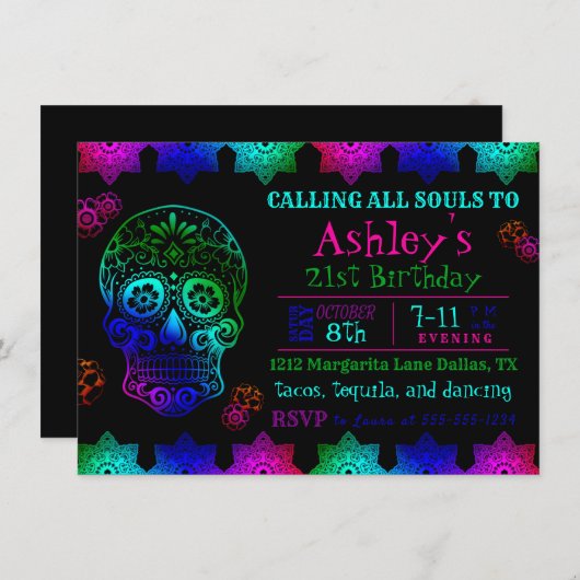Fiesta Sugar Skull Birthday Invitation Kaart (Voorkant / Achterkant)