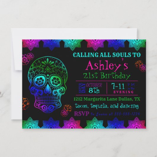 Fiesta Sugar Skull Birthday Invitation Kaart (Voorkant)