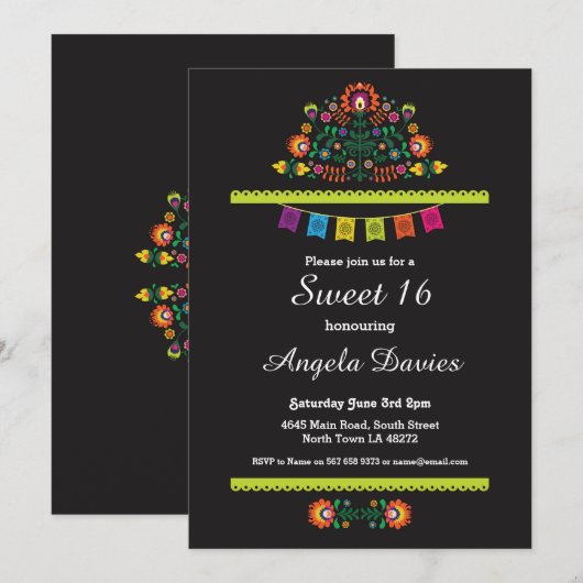 Fiesta Sweet 16 Verjaardagsfeest Mexicaans Uitnodi Kaart (Voorkant / Achterkant)