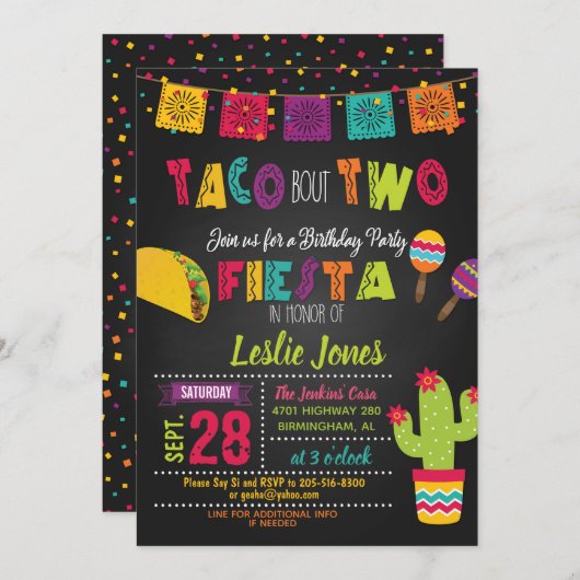 Fiesta Taco Over TWEE Verjaardag Uitnodiging (Voorkant / Achterkant)