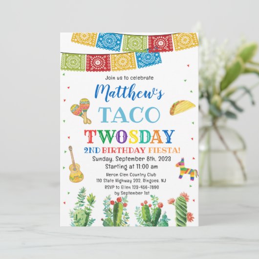 Fiesta Taco TWOsday 2nd Birthday Uitnodiging Jonge (Staand voorkant)