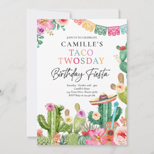 Fiesta Taco Twosday Waterverf Cactus 2e verjaardag Kaart (Voorkant)