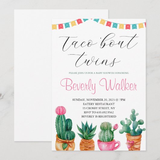 Fiesta Taco'Bout Twins Mexican Cactus Baby shower Kaart (Voorkant / Achterkant)