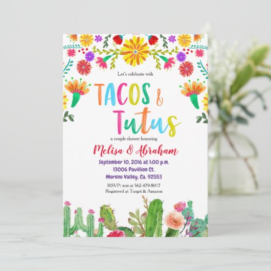 Fiesta Tacos en Tutus Baby shower Uitnodigingskaar Kaart (Staand voorkant)