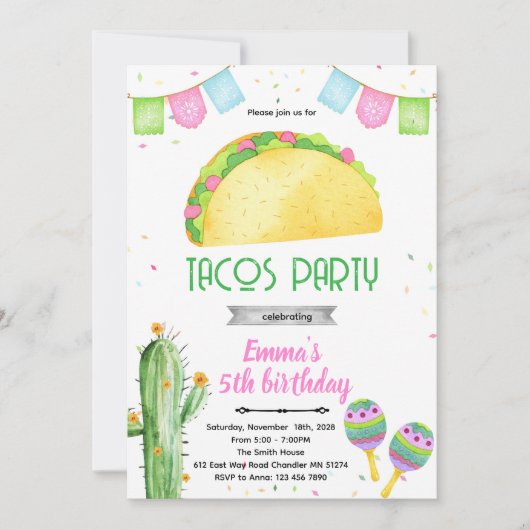 Fiesta taco's meisje thema uitnodiging (Voorkant)