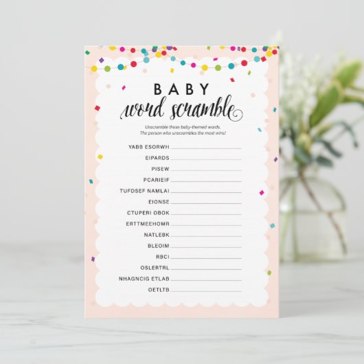 Fiesta thema baby woord scramble baby shower spel programmakaart (Staand voorkant)