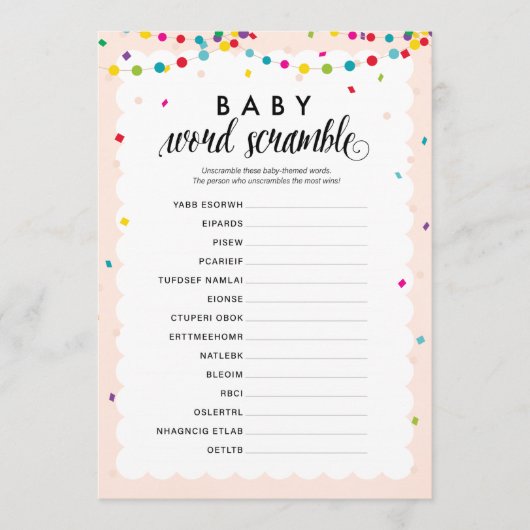 Fiesta thema baby woord scramble baby shower spel programmakaart (Voorkant)