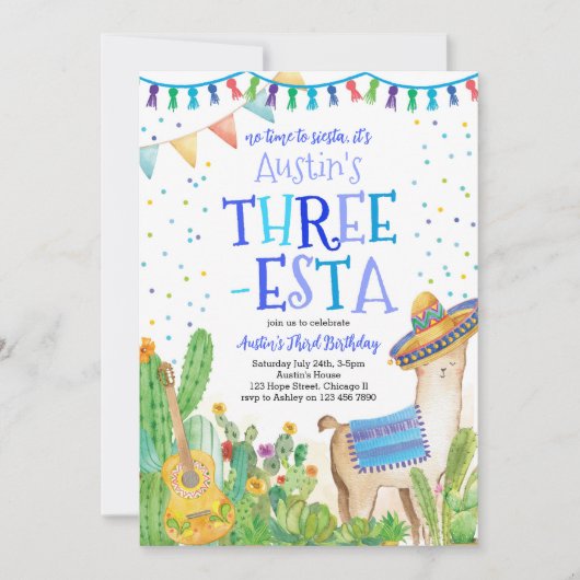 Fiesta Three Esta Boy Blue 3rd Birthday Invitation Kaart (Voorkant)