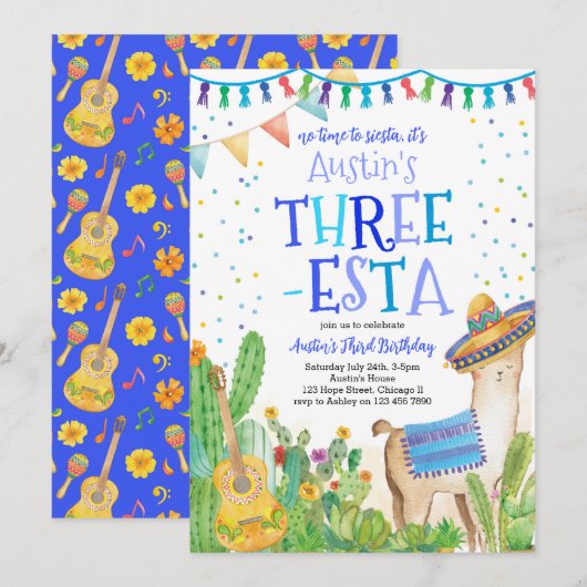 Fiesta Three Esta Boy Blue 3rd Birthday Invitation Kaart (Voorkant / Achterkant)