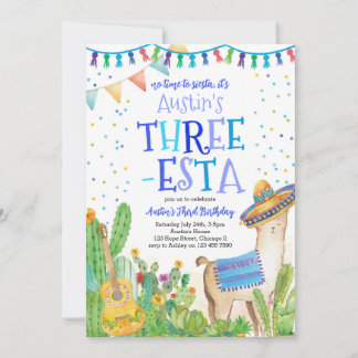 Fiesta Three Esta Boy Blue 3rd Birthday Invitation Kaart