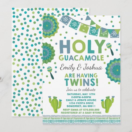 Fiesta Twin Baby shower Invitation Holy Guacamole Kaart (Voorkant / Achterkant)