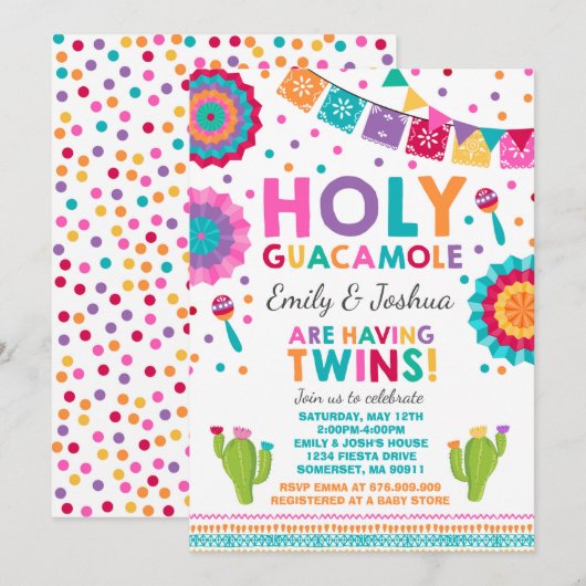 Fiesta Twin Baby shower Invitation Holy Guacamole Kaart (Voorkant / Achterkant)