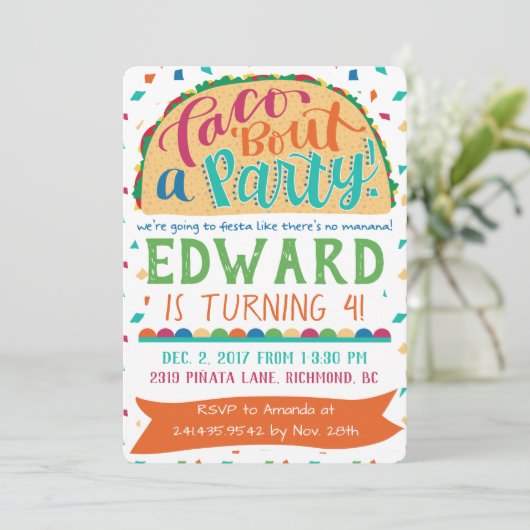 Fiesta Uitnodiging Taco Over een Feest (Staand voorkant)