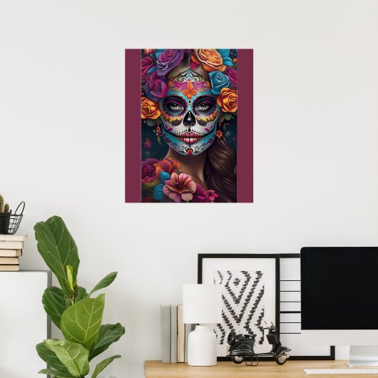 Fiesta van kleuren: Vrouw in Sugar Skull Make-up A Poster (Thuiskantoor)