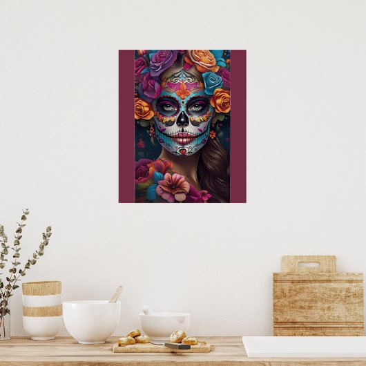 Fiesta van kleuren: Vrouw in Sugar Skull Make-up A Poster (Keuken)
