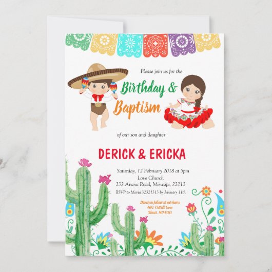 Fiesta Verjaardag en Doop voor tweeling jongen en  Kaart (Voorkant)