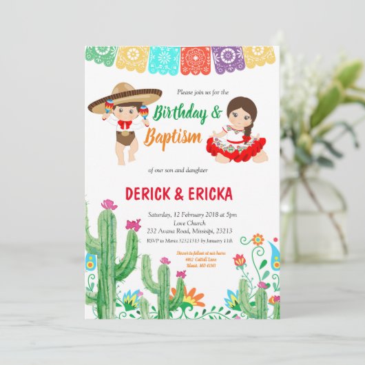 Fiesta Verjaardag en Doop voor tweeling jongen en  Kaart (Staand voorkant)