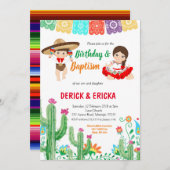 Fiesta Verjaardag en Doop voor tweeling jongen en  Kaart (Voorkant / Achterkant)