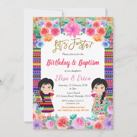 Fiesta verjaardag en doop voor tweelingmeisjes kaart (Voorkant)