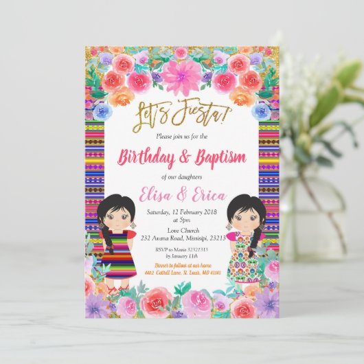 Fiesta verjaardag en doop voor tweelingmeisjes kaart (Staand voorkant)