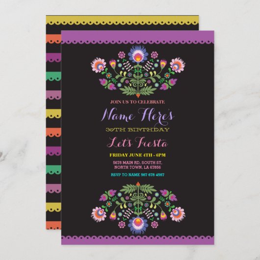 Fiesta Verjaardag Floral Mexicaanse uitnodiging (Voorkant / Achterkant)