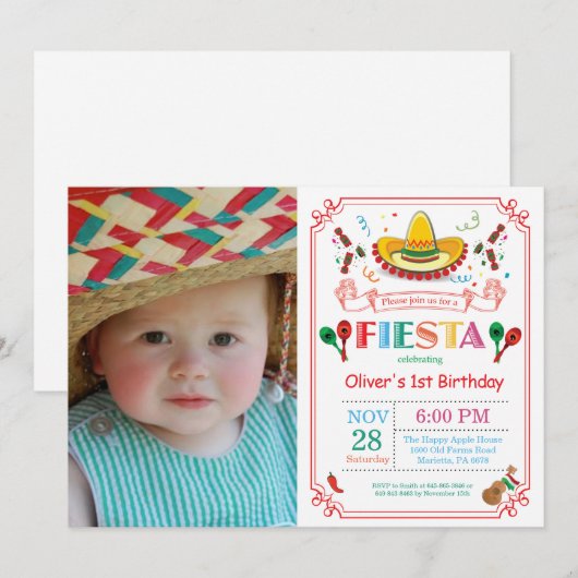 Fiesta verjaardagsfeestje uitnodiging Mexicaans (Voorkant / Achterkant)