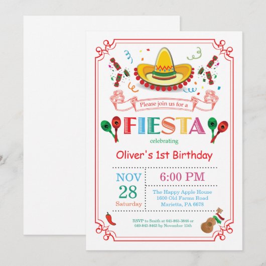 Fiesta verjaardagsfeestje uitnodiging Mexicaans (Voorkant / Achterkant)