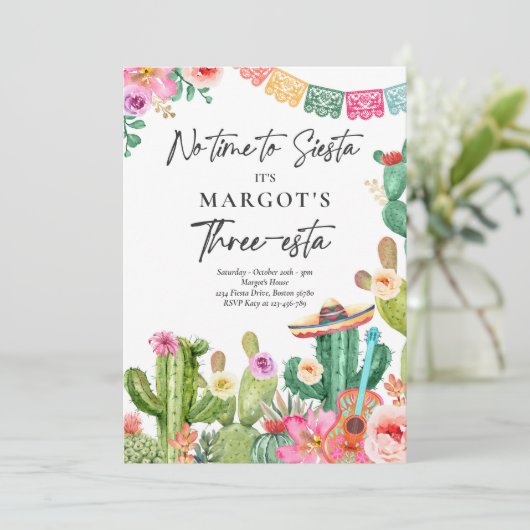 Fiesta Waterverf Cactus Three-esta Birthday Party Kaart (Staand voorkant)