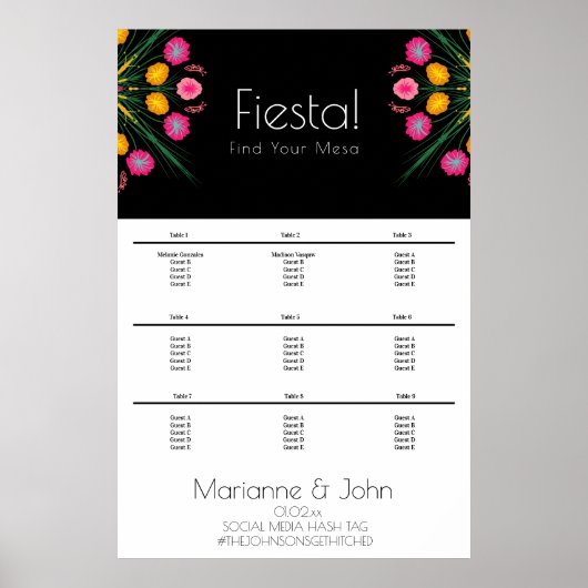 Fiesta Wedding Birthday Mexican Seating Chart Poster (Voorkant)