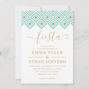 Fiesta Wedding Invitation, Blue en Gold Kaart