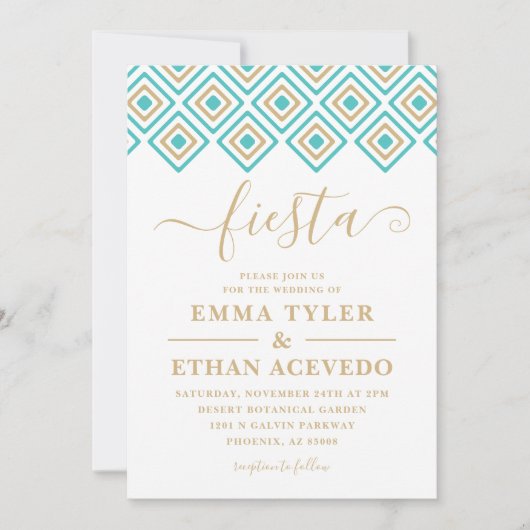 Fiesta Wedding Invitation, Blue en Gold Kaart (Voorkant)