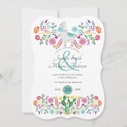 Fiesta Wedding Llama Folk Flowers Cacti Kaart (Voorkant)