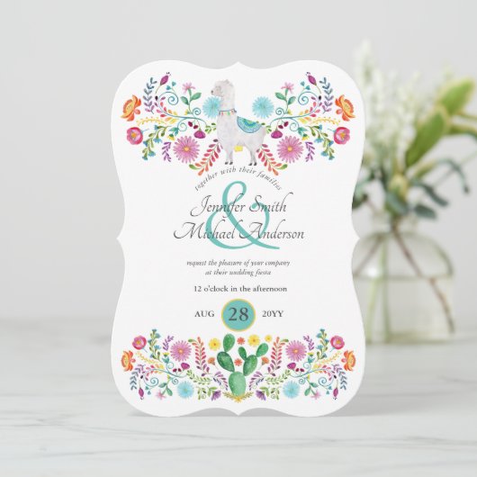 Fiesta Wedding Llama Folk Flowers Cacti Kaart (Staand voorkant)