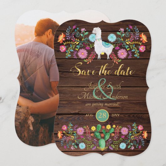 Fiesta Wedding Save the Date Llama Folk Flowers Kaart (Voorkant / Achterkant)
