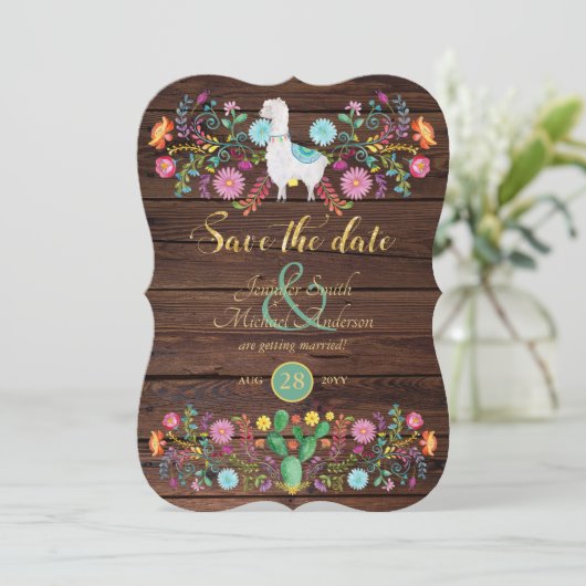 Fiesta Wedding Save the Date Llama Folk Flowers Kaart (Staand voorkant)