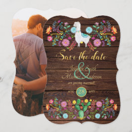 Fiesta Wedding Save the Date Llama Folk Flowers Kaart
