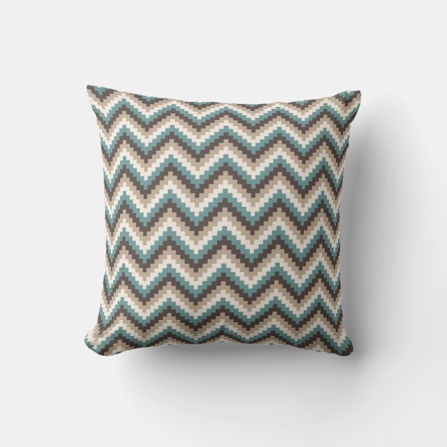 Fiesta Zigzag Chevron Pattern Taupe en Blauwgroen Kussen (Voorkant)