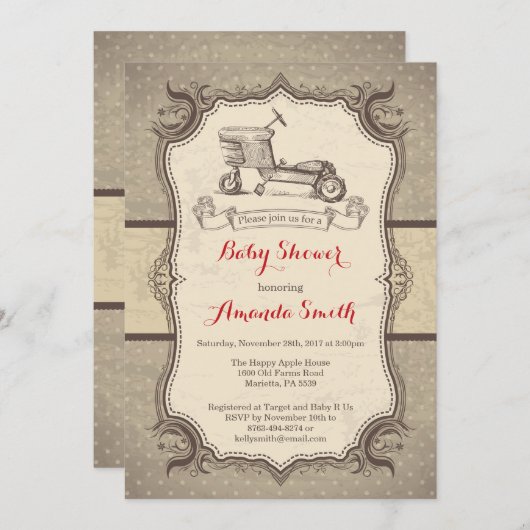 Fiets Baby shower Uitnodiging  Retro (Voorkant / Achterkant)