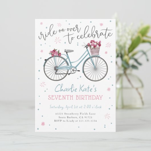 Fiets Bloemen Verjaardagsfeest Uitnodiging (Staand voorkant)