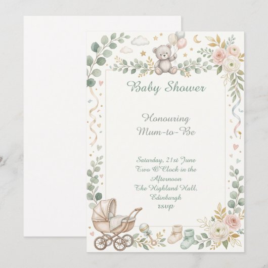 Fiets bloemige baby shower kaart (Voorkant / Achterkant)