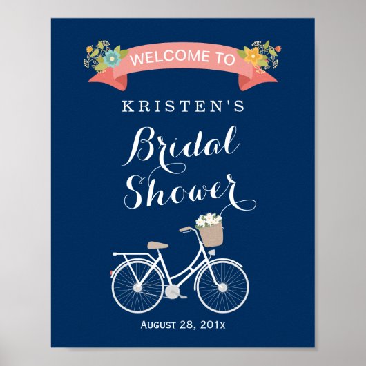 Fiets Bruiloft Feest Teken Navy Blauwe Koraal Roze Poster (Voorkant)