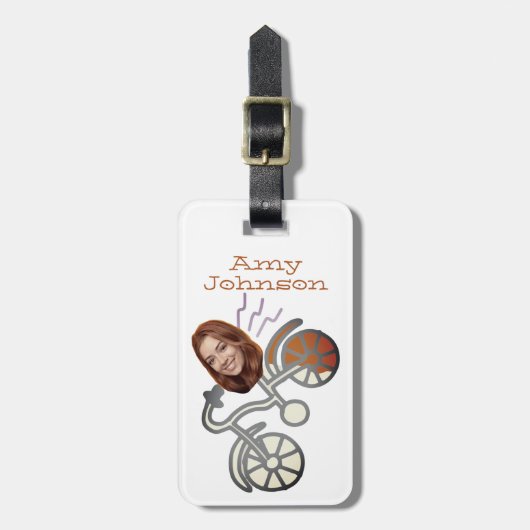 Fiets Cartoon Funny Face Foto Naam Bagagelabel (Voorkant verticaal)