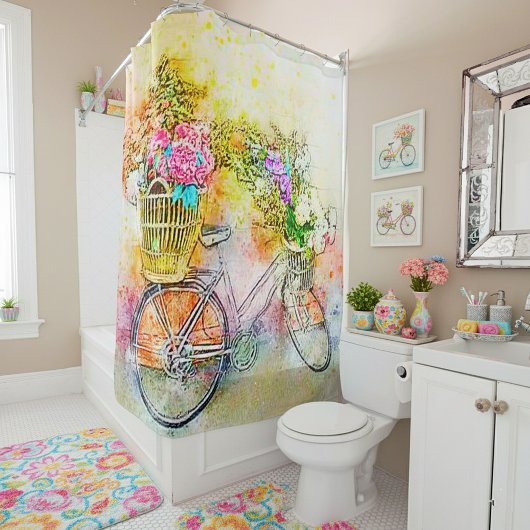 Fiets en bloemen douchegordijn