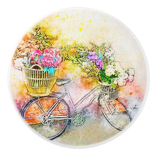 Fiets en bloemen  keramische knop (Voorkant)