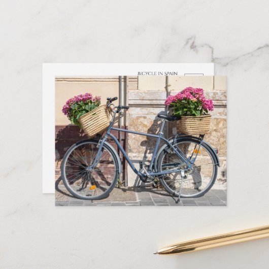 Fiets en roze bloemmanden briefkaart (Voorkant / Achterkant in situ)