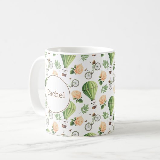 Fiets, Hete Luchtballon & Roos Pattern Custom Koffiemok (Voorkant links)