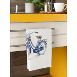 Fiets in Delfts Blauw aanpasbaar Theedoek<br><div class="desc">waterverf schilderij van een fietsje met een mandje vol bloemetjes in Delfts Blauwe kleuren</div>